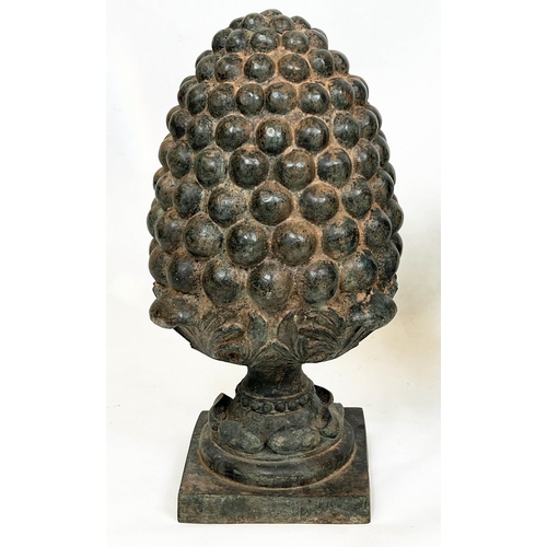 55 - BRONZE PINEAPPLE GARDEN FINIALS, a pair, in a verdigris finish, 60cm H. (2)