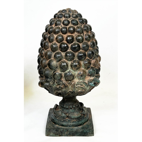 55 - BRONZE PINEAPPLE GARDEN FINIALS, a pair, in a verdigris finish, 60cm H. (2)