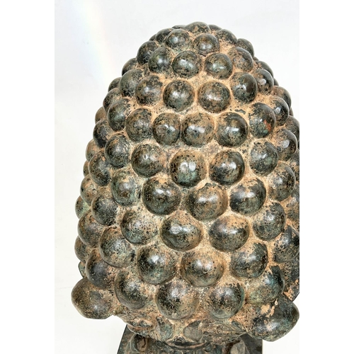 55 - BRONZE PINEAPPLE GARDEN FINIALS, a pair, in a verdigris finish, 60cm H. (2)