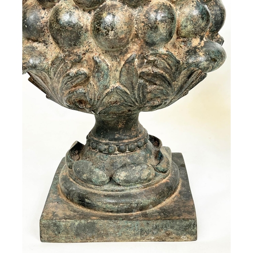 55 - BRONZE PINEAPPLE GARDEN FINIALS, a pair, in a verdigris finish, 60cm H. (2)