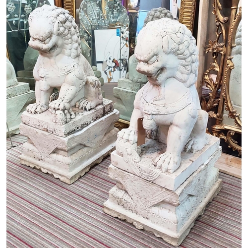 56 - MARBLE GARDEN FOO LIONS, a pair, early 20th century on plinths, 102cm H x 58cm D x 45cm W. (2)