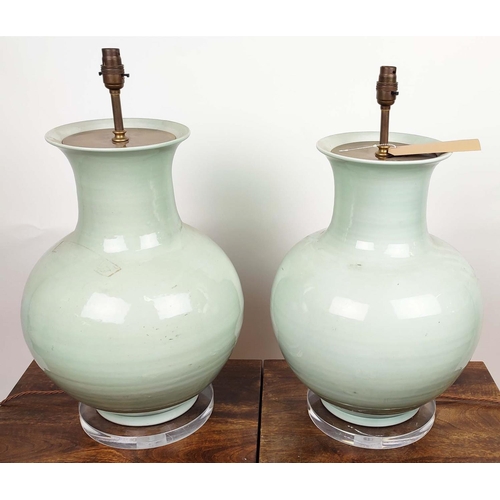 575 - PAOLO MOSCHINO CELADON VASE TABLE LAMPS, a pair, 64cm H. (2)