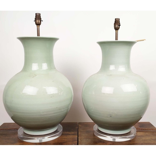 575 - PAOLO MOSCHINO CELADON VASE TABLE LAMPS, a pair, 64cm H. (2)