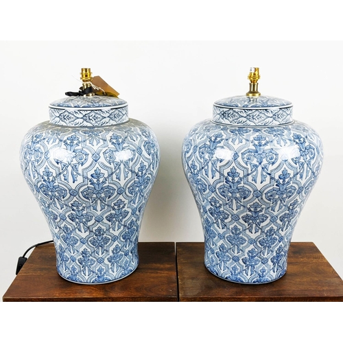 581 - CHINESE EXPORT STYLE BLUE AND WHITE CERAMIC POT TABLE LAMPS, a pair, 58cm H. (2)