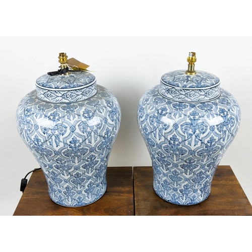 581 - CHINESE EXPORT STYLE BLUE AND WHITE CERAMIC POT TABLE LAMPS, a pair, 58cm H. (2)