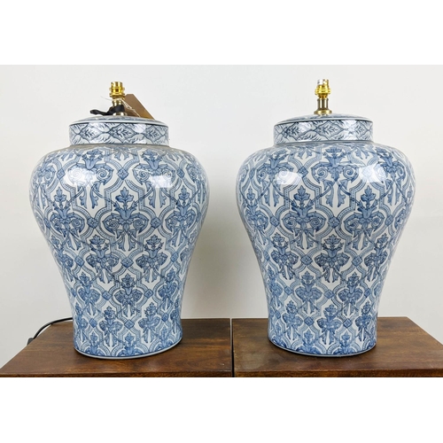 581 - CHINESE EXPORT STYLE BLUE AND WHITE CERAMIC POT TABLE LAMPS, a pair, 58cm H. (2)