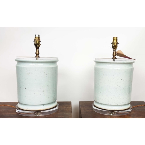 587 - PAOLO MOSCHINO CELADON CACHE POT TABLE LAMPS, a pair, 41cm H. (2)