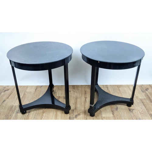 590 - PAOLO MOSCHINO SIDE TABLES, a pair, marble tops, ebonised bases, 71cm x 65cm. (2)