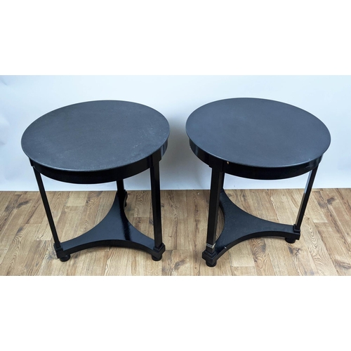 590 - PAOLO MOSCHINO SIDE TABLES, a pair, marble tops, ebonised bases, 71cm x 65cm. (2)