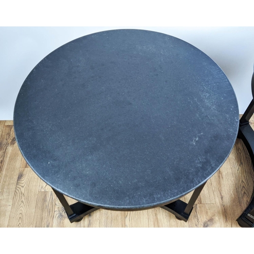 590 - PAOLO MOSCHINO SIDE TABLES, a pair, marble tops, ebonised bases, 71cm x 65cm. (2)