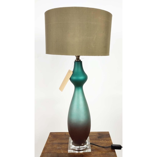 591 - JOHN RICHARDS TABLE LAMP, blue opaque texture glass body, baluster form, lucite base, grey shade, 78... 