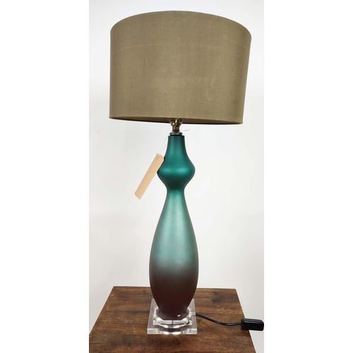 591 - JOHN RICHARDS TABLE LAMP, blue opaque texture glass body, baluster form, lucite base, grey shade, 78... 