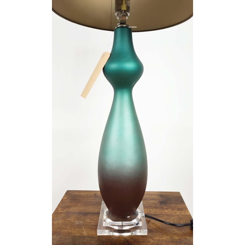 591 - JOHN RICHARDS TABLE LAMP, blue opaque texture glass body, baluster form, lucite base, grey shade, 78... 