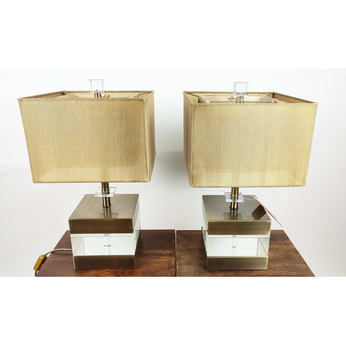 592 - JOHN RICHARDS TABLE LAMPS, a pair, gilt metal and glass square bases, gold shades, 59cm H x 32cm. (2... 