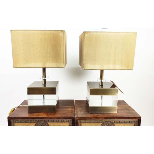 592 - JOHN RICHARDS TABLE LAMPS, a pair, gilt metal and glass square bases, gold shades, 59cm H x 32cm. (2... 