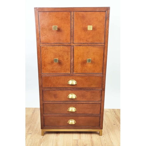 594 - TALL CHEST OF DRAWERS, 41cm x 65cm x 122cm, with eight drawers, tan leathered finish, gilt metal han... 