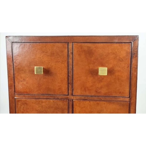 594 - TALL CHEST OF DRAWERS, 41cm x 65cm x 122cm, with eight drawers, tan leathered finish, gilt metal han... 