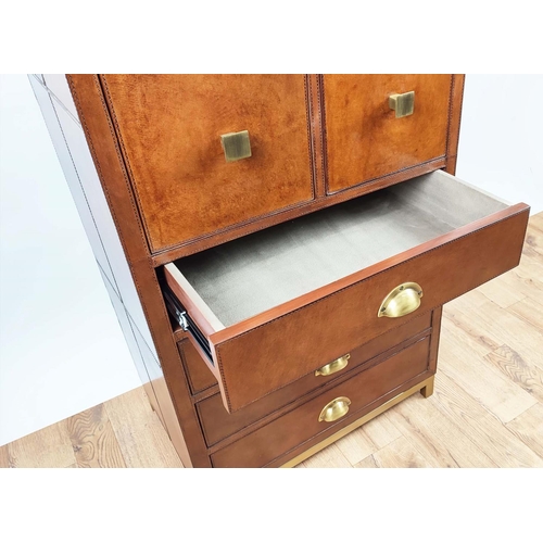 594 - TALL CHEST OF DRAWERS, 41cm x 65cm x 122cm, with eight drawers, tan leathered finish, gilt metal han... 