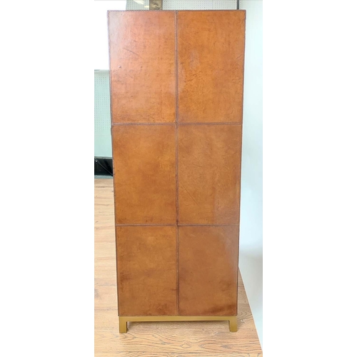 594 - TALL CHEST OF DRAWERS, 41cm x 65cm x 122cm, with eight drawers, tan leathered finish, gilt metal han... 