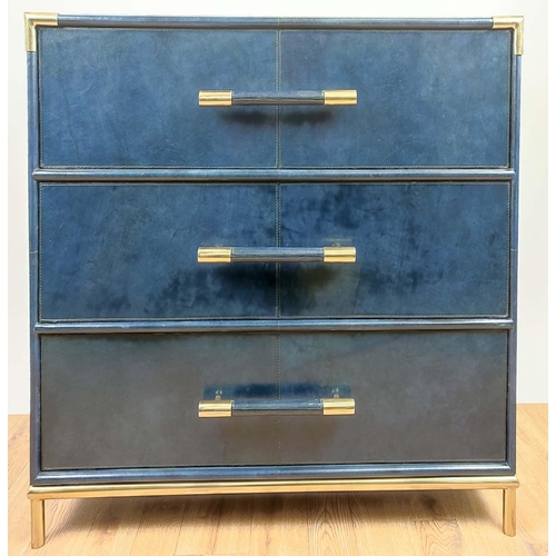 595 - CHEST OF DRAWERS, 99cm x 46.5cm x 86.5cm, blue leathered finish, three drawers.