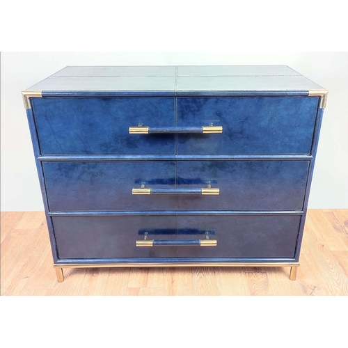 595 - CHEST OF DRAWERS, 99cm x 46.5cm x 86.5cm, blue leathered finish, three drawers.