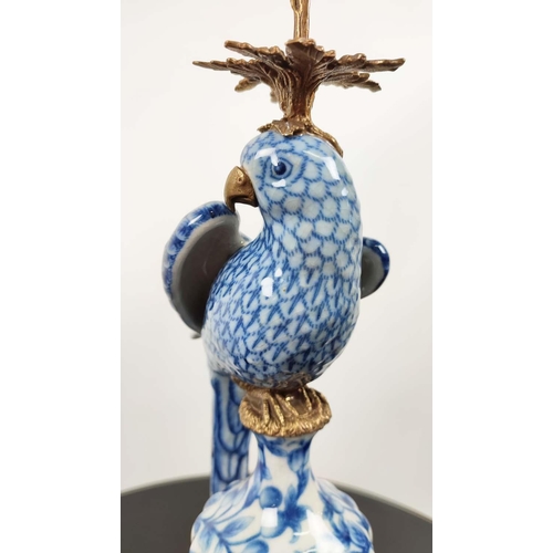 597 - CANDELABRA, a pair, in the form of parrots, blue and white ceramic, gilt mounts, 48.5cm H. (2)