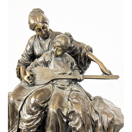 60 - MILO BRONZE 'MUSIC LESSON', mother teaching her child to play a mandolin, 41cm x 53cm.