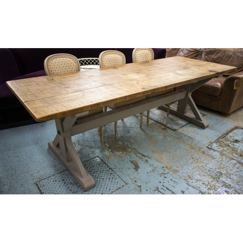 606 - REFECTORY TABLE, 77cm H x 244cm W x 90cm D, natural pine and grey painted.