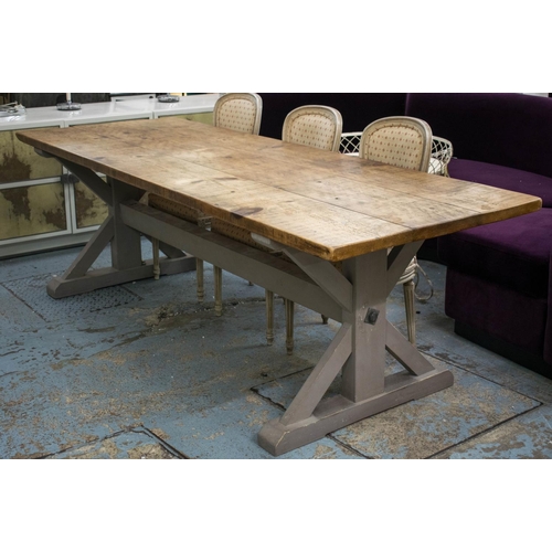 606 - REFECTORY TABLE, 77cm H x 244cm W x 90cm D, natural pine and grey painted.