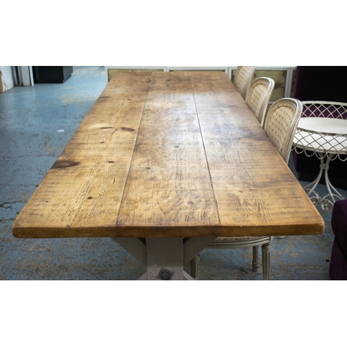 606 - REFECTORY TABLE, 77cm H x 244cm W x 90cm D, natural pine and grey painted.