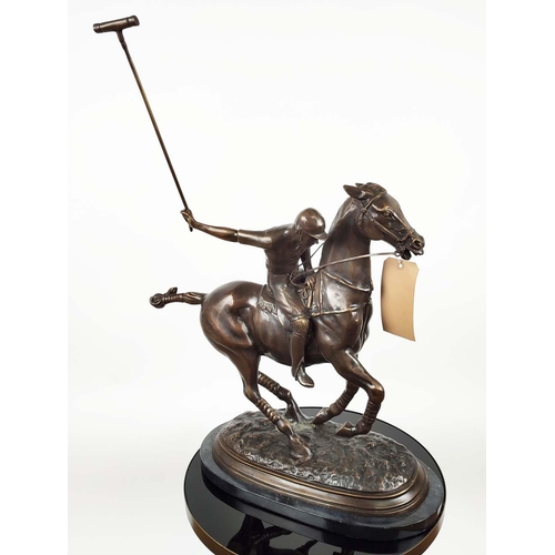 609 - POLO PLAYER, cast metal sculptural study, stone base, 79cm H.