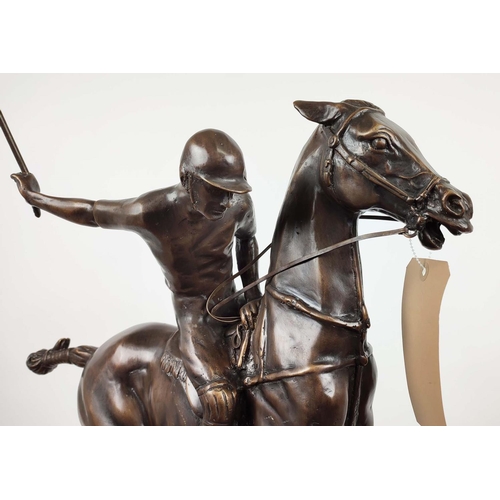 609 - POLO PLAYER, cast metal sculptural study, stone base, 79cm H.