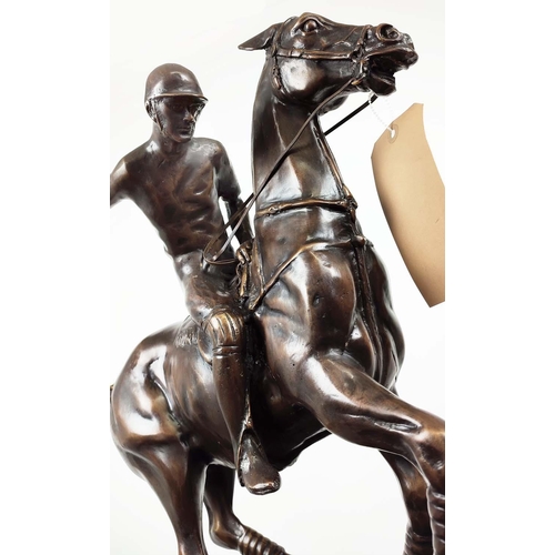 609 - POLO PLAYER, cast metal sculptural study, stone base, 79cm H.