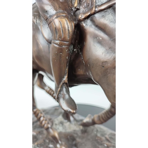 609 - POLO PLAYER, cast metal sculptural study, stone base, 79cm H.