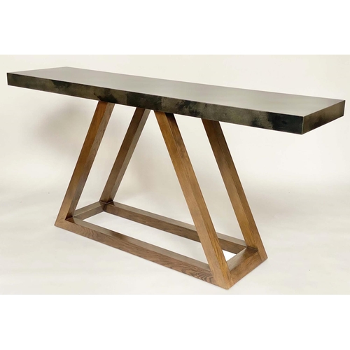 617 - JULIAN CHICHESTER TRIANGLE CONSOLE TABLE, rectangular velum covered on 'triangle' oak frame, 180cm W... 