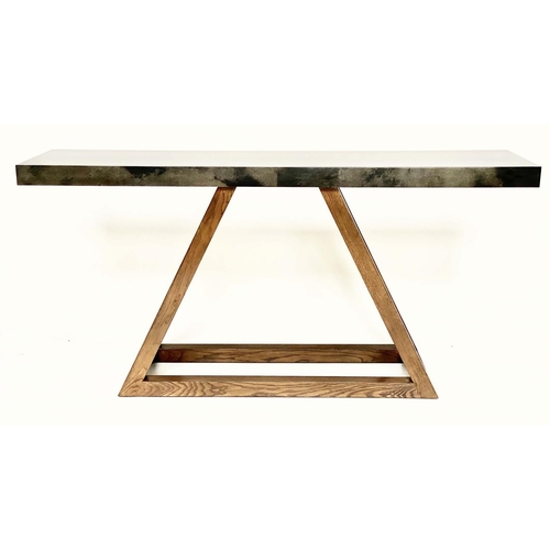 617 - JULIAN CHICHESTER TRIANGLE CONSOLE TABLE, rectangular velum covered on 'triangle' oak frame, 180cm W... 