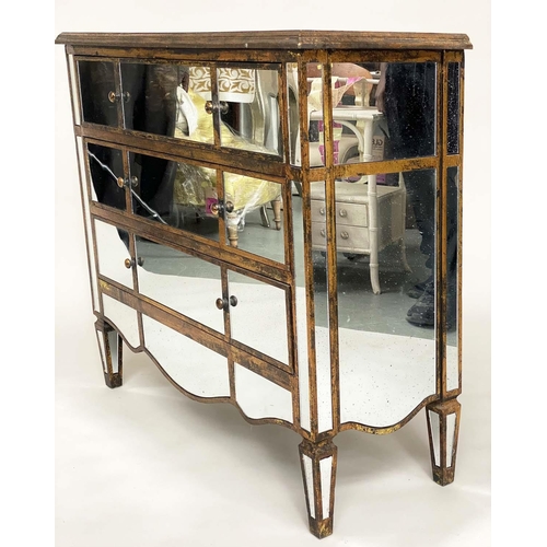 619 - COMMODE, Venetian style mirror clad with three long drawers and tapering supports, 102cm W x 89cm H ... 