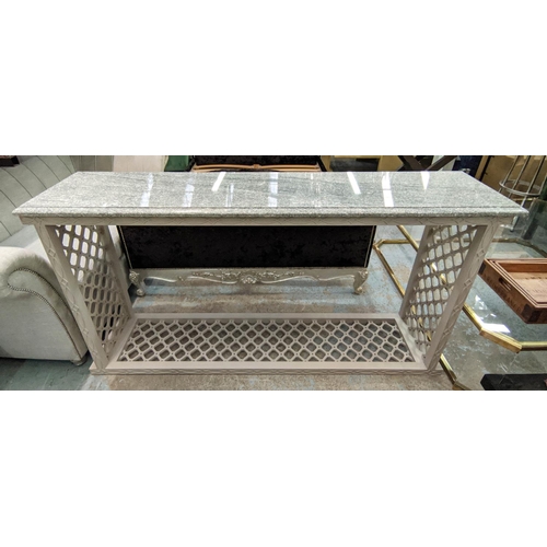 627 - CONSOLE TABLE, 203cm x 45cm x 96cm H, with a granite top and grey blind fretwork base.