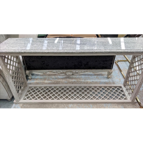 627 - CONSOLE TABLE, 203cm x 45cm x 96cm H, with a granite top and grey blind fretwork base.