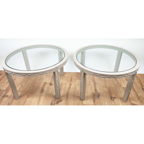 628 - SIDE TABLES, a pair, each 75cm x 46cm H, grey painted blind fretwork frames. (2)