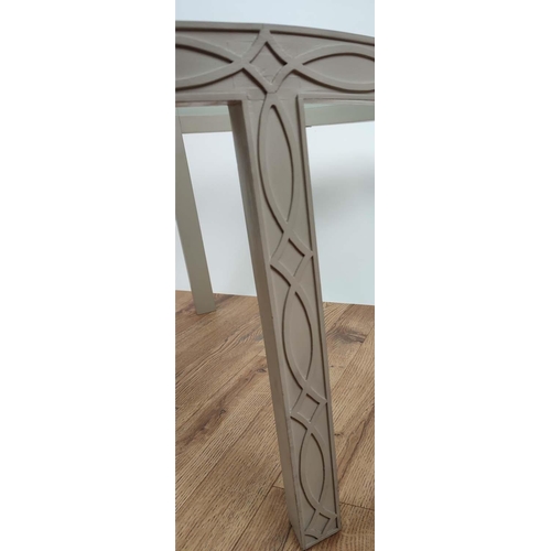 628 - SIDE TABLES, a pair, each 75cm x 46cm H, grey painted blind fretwork frames. (2)