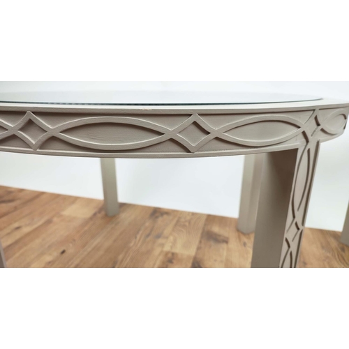 628 - SIDE TABLES, a pair, each 75cm x 46cm H, grey painted blind fretwork frames. (2)