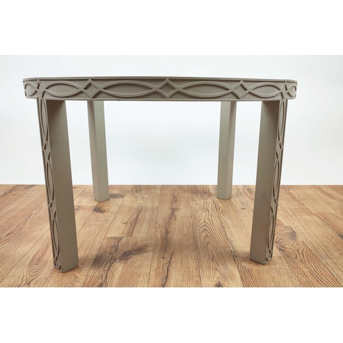 628 - SIDE TABLES, a pair, each 75cm x 46cm H, grey painted blind fretwork frames. (2)