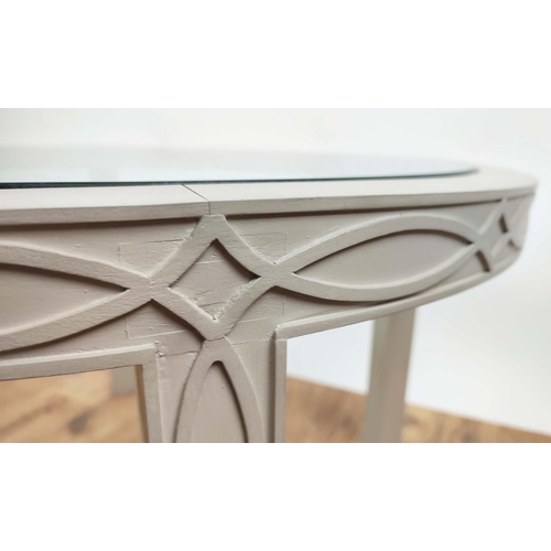 628 - SIDE TABLES, a pair, each 75cm x 46cm H, grey painted blind fretwork frames. (2)