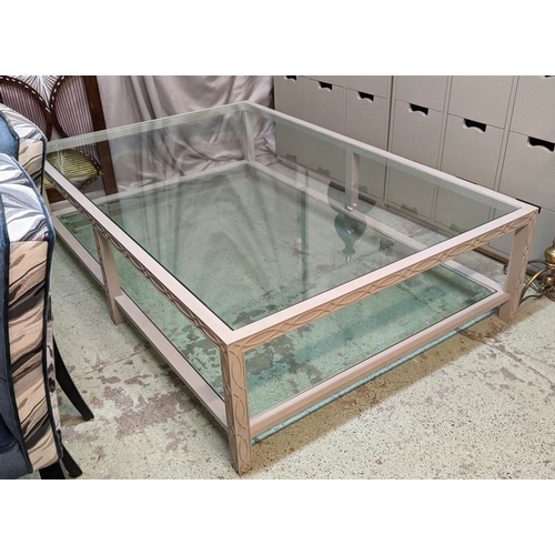 629 - COFFEE TABLE, 180cm x 45cm H x 121cm, with a grey painted blind fretwork frame and glass top and und... 