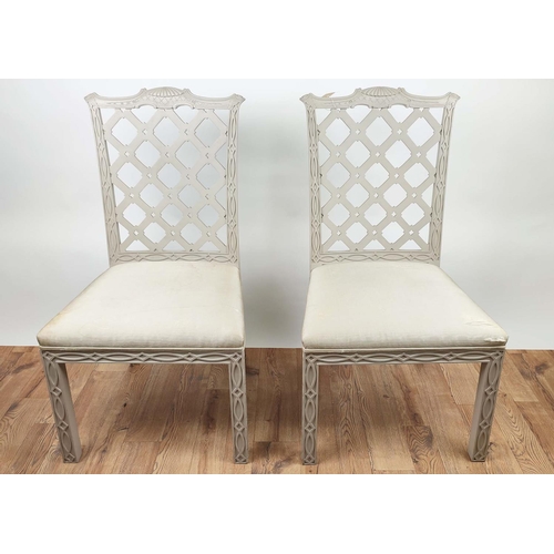 630 - DINING CHAIRS, a set of four, each 56cm x 103cm H, grey painted lattice work. (4)