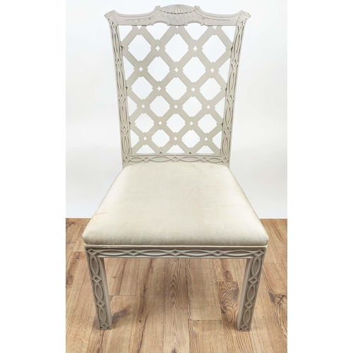 630 - DINING CHAIRS, a set of four, each 56cm x 103cm H, grey painted lattice work. (4)