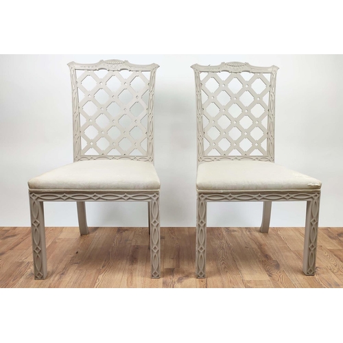 630 - DINING CHAIRS, a set of four, each 56cm x 103cm H, grey painted lattice work. (4)