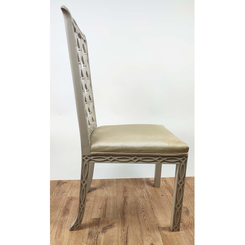 630 - DINING CHAIRS, a set of four, each 56cm x 103cm H, grey painted lattice work. (4)