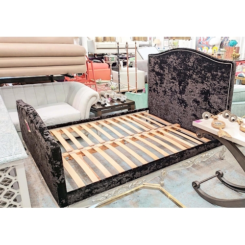 631 - BED FRAME, 171cm x 146cm H, crushed velvet with studded detail and silvered frame.